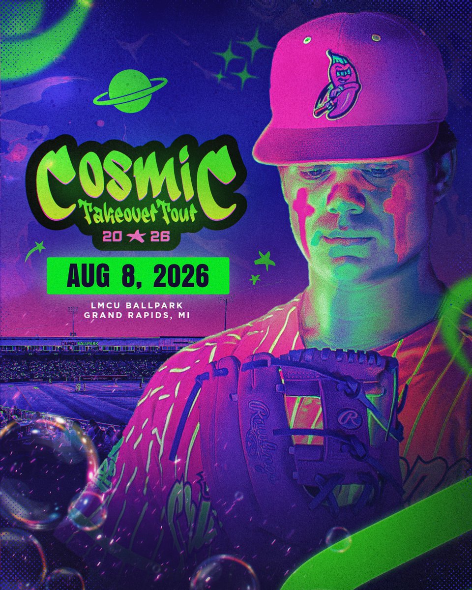 wmwhitecaps's tweet image. Get ready to feel the glow, Grand Rapids!

The Cosmic Takeover Tour is heading to LMCU Ballpark on August 8th, 2026.  You&apos;ll baseball in a whole new light, literally🪐

Join the Cosmic Ticket Lottery for a chance to purchase tickets ➡ tinyurl.com/muvem3n4