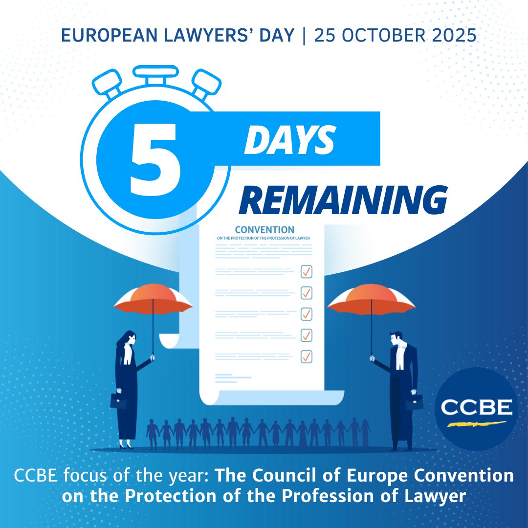 🗓️Mark your calendars - just 5️⃣ days left until #EuropeanLawyersDay on 25 October 2025!
This year, the CCBE is raising awareness of the <a href="/coe/">Council of Europe</a>  Convention on the Protection of the Profession of Lawyer! 📗Read the CCBE’s Handbook: ccbe.eu/fileadmin/spec…