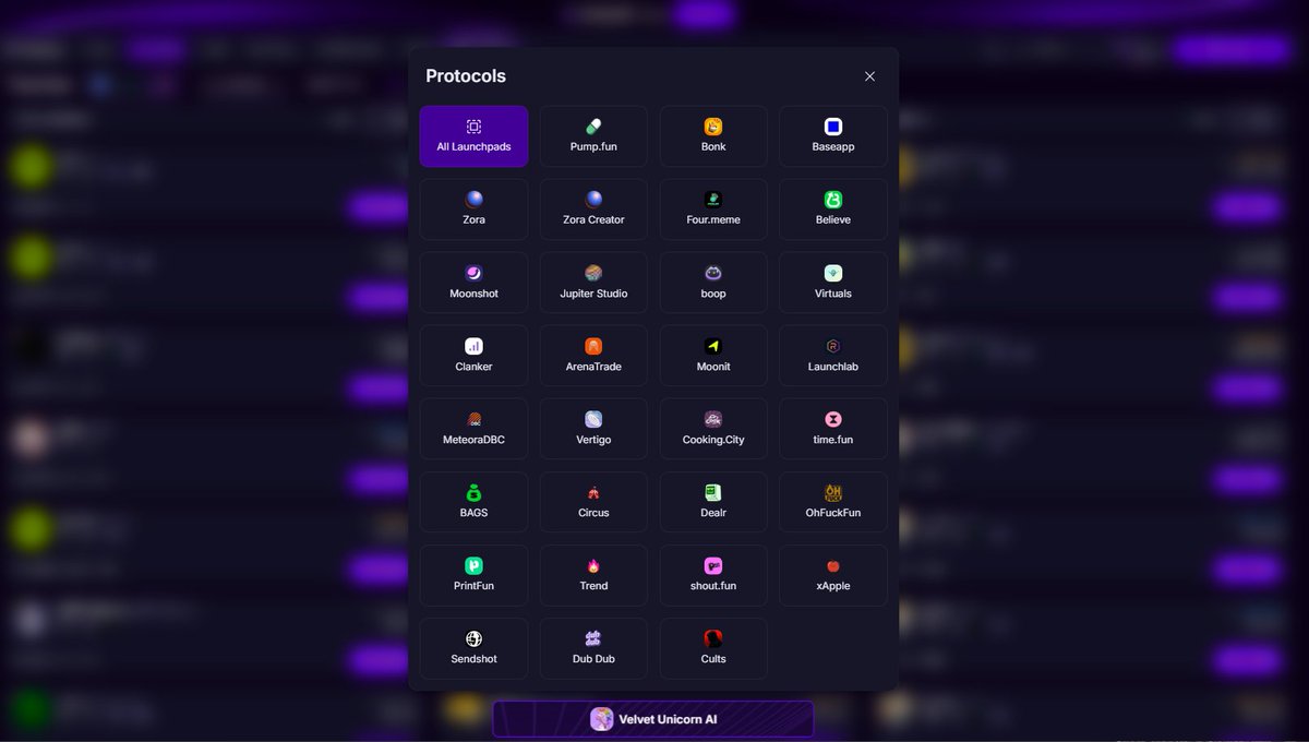 Velvet_Capital's tweet photo. 30 Launchpads across 3 Chains (BNB Chain, Solana, Base) 

Filter the trenches page to find tokens launching on your favorite launchpads to get in early on the bonding curve https://t.co/eup91zyNMV