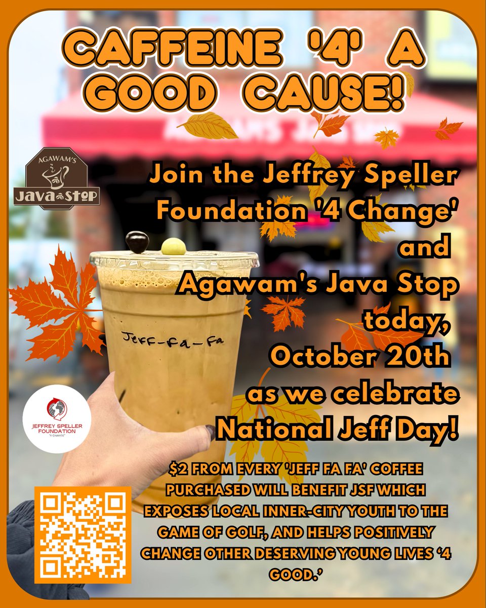 CiaraSpeller's tweet image. It&apos;s coffee day!! 🧡☕️

Agawam’s Java Stop and JSF have teamed up today, in honor of #NationalJeffDay!

$2 from every Jeff Fa-Fa coffee purchased will benefit our mission and vision of changing young deserving lives &apos;4 Good&apos; 

Come on down and sip to spark positive change! ⛳️❤️