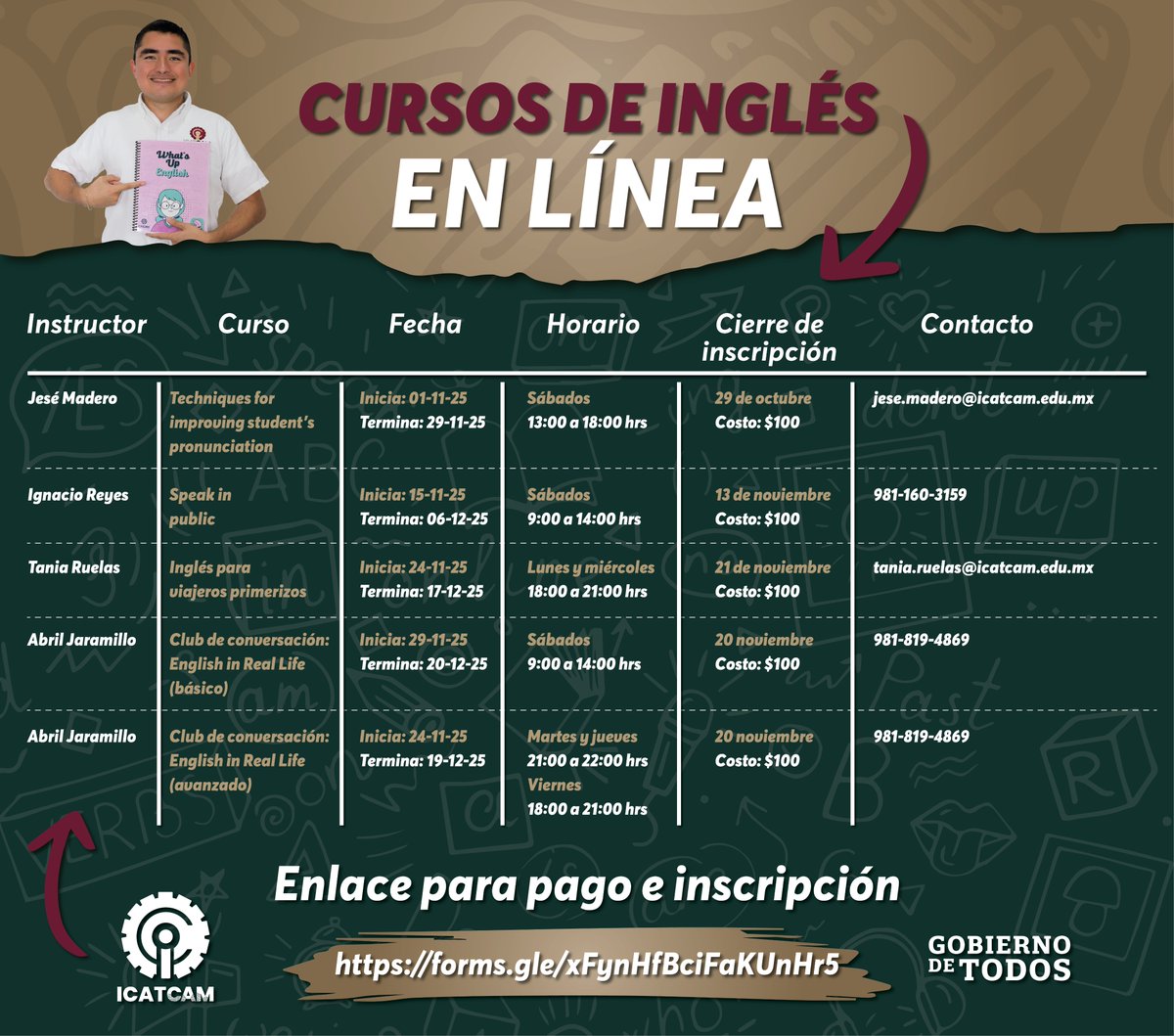 ¡Termina el año aprendiendo #InglésEnLínea con nuestros cursos que comienzan en noviembre!
Aquí te compartimos toda la información.
Recuerda que inscribirte es muy fácil, ingresa a forms.gle/xFynHfBciFaKUn….
<a href="/LaydaSansores/">Layda Sansores</a> <a href="/estebanyammx/">Esteban Yam</a>
#GobiernoDeTodos #AprendeEmprendeConICATCAM