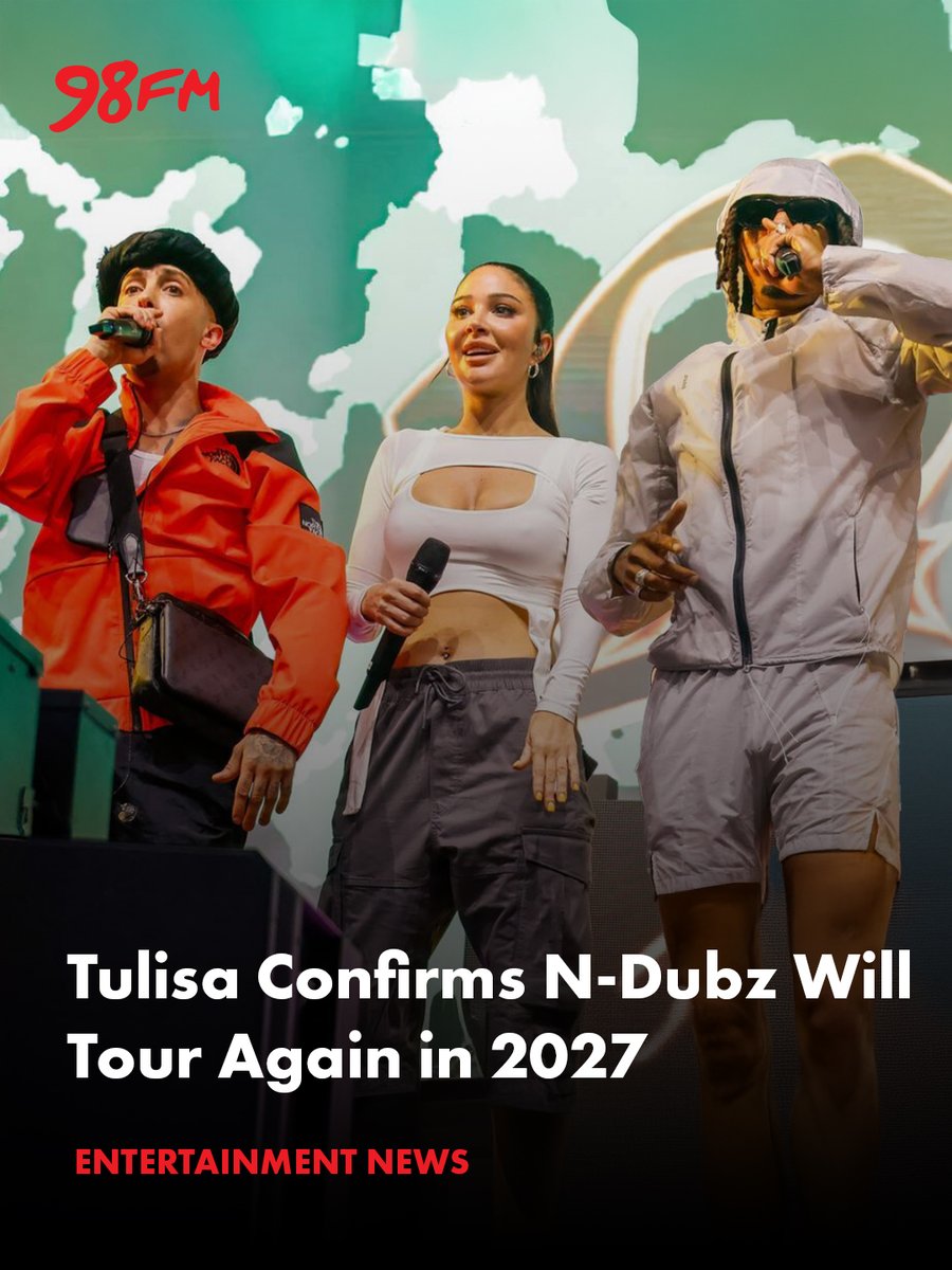 98FM's tweet photo. 🎤 N-Dubz aren’t done yet! Tulisa has confirmed the trio will hit the road again in 2027 — and hinted there could be new music on the way too 👀🔥
🔗 Read more on https://t.co/pFIW1L49Ww
#NDubz #Tulisa #Dappy #Fazer #Tour2027 #BackTogether https://t.co/TFnBEd2bQP