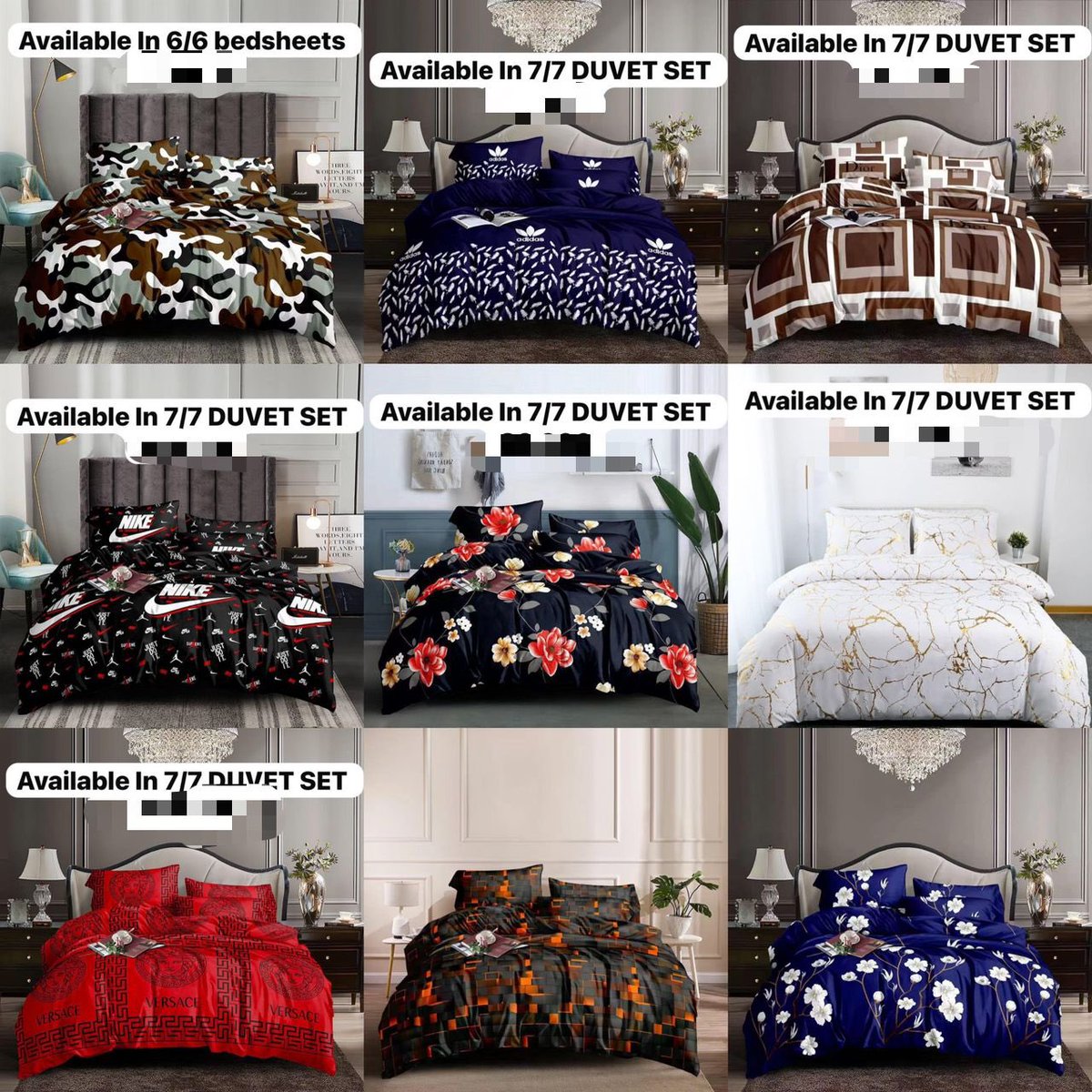 Duvet sets 
4/6 = 31,000
6/6 = 35,000
7/7 =  40,000

Bedsheets
4:6 = 14,500
6:6 = 16,000
6:7 = 17,000
7:7 = 18,000