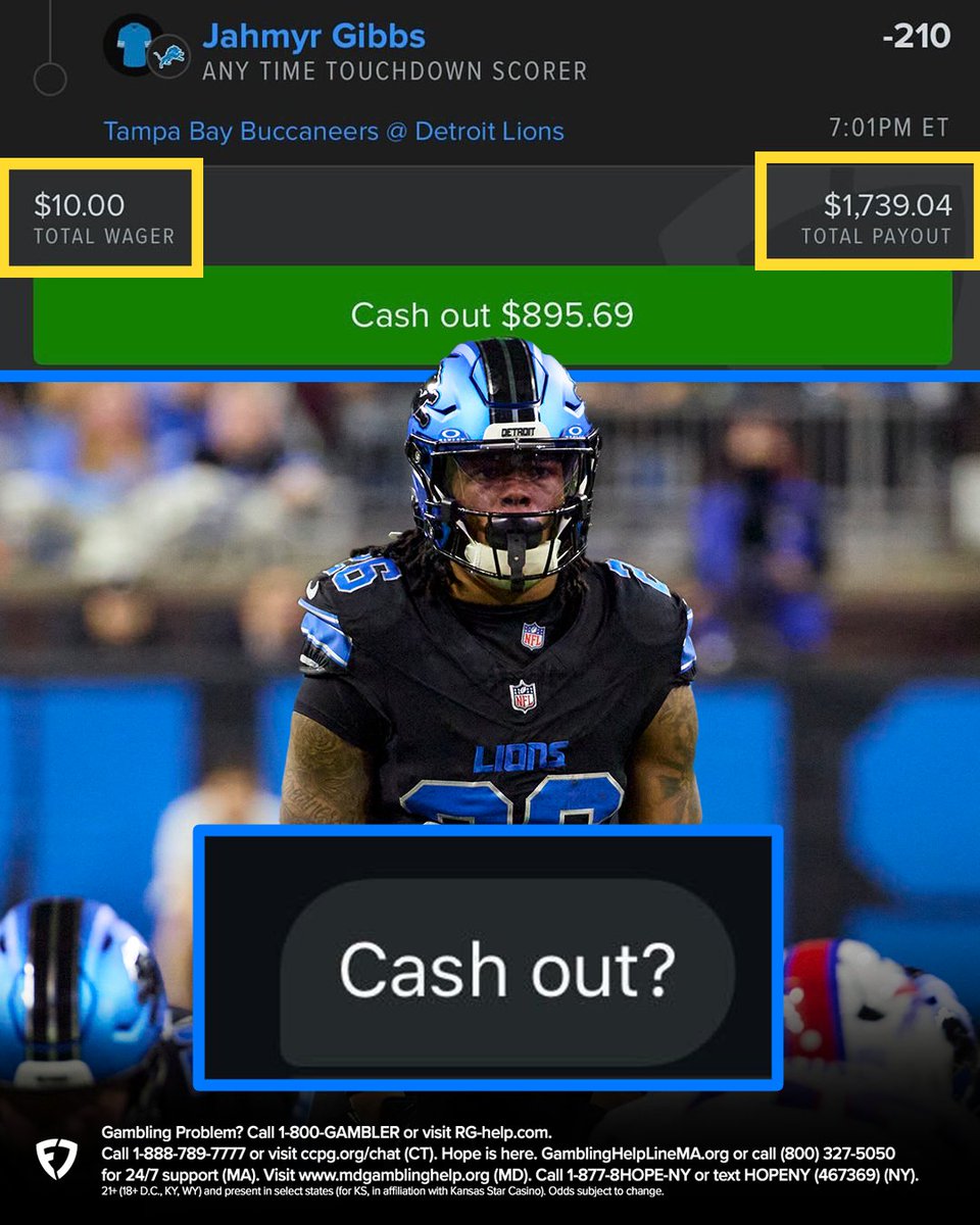 FDSportsbook's tweet image. All this bettor needs is a Jahmyr Gibbs TD to turn $10 into $1.7K 😅

They want to know ... should they cash out or let it ride? 🤔

(via IG / alex.cooper22)