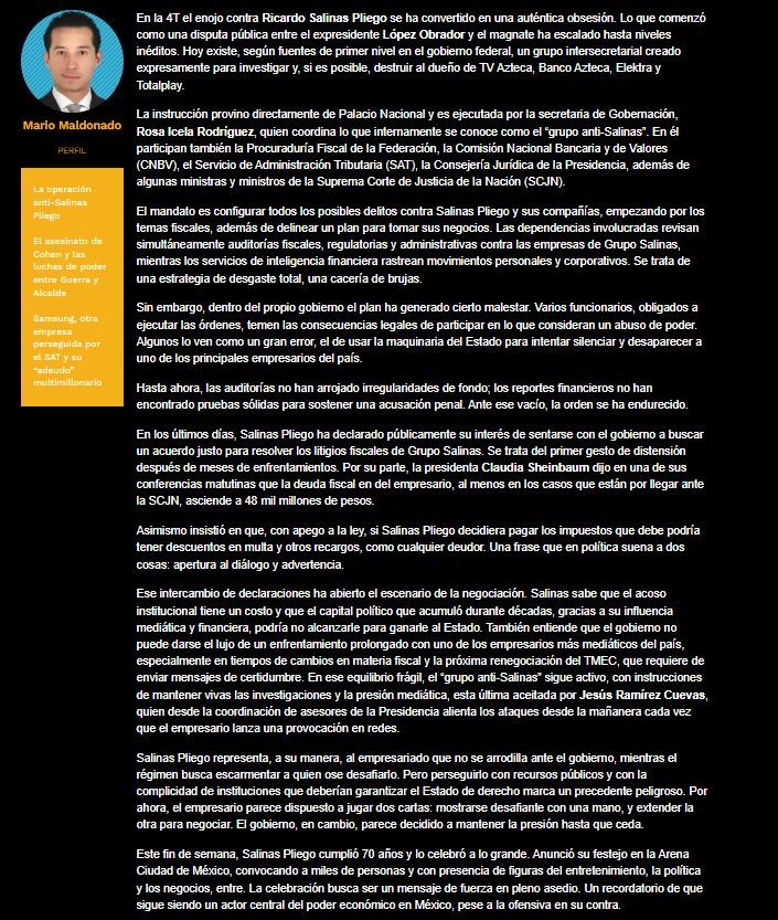 Avi 🦆 (@avieu) on Twitter photo El gobierno armó un frente interinstitucional contra <a href="/RicardoBSalinas/">Don Ricardo Salinas Pliego</a>… pero las auditorías no han encontrado irregularidades de fondo ni pruebas para acusarlo penalmente.
Una estrategia de desgaste que abre un precedente delicado: usar el poder del Estado contra un empresario El gobierno armó un frente interinstitucional contra <a href="/RicardoBSalinas/">Don Ricardo Salinas Pliego</a>… pero las auditorías no han encontrado irregularidades de fondo ni pruebas para acusarlo penalmente.
Una estrategia de desgaste que abre un precedente delicado: usar el poder del Estado contra un empresario