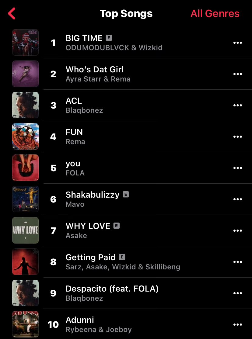 "Adunni" by Rybeena ft Joeboy breaks into the Apple Music Nigeria Top 10 at #10