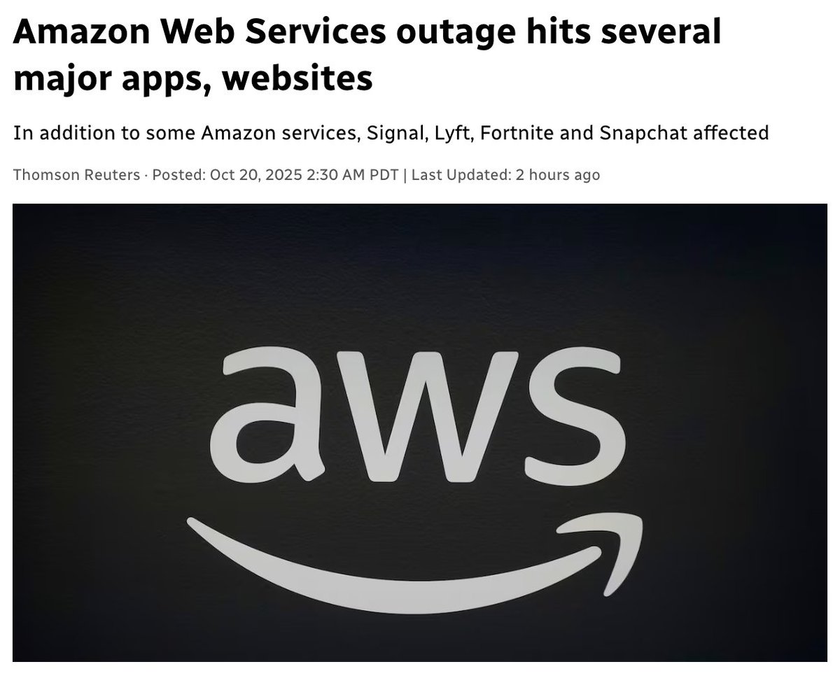 When AWS goes down... So does much of the world of tech.

• Apple Music
• Fortnite
• Signal
• Snapchat
• Venmo
• Coinbase
• Robinhood
• Slack
• Zoom

But you know what DIDN'T feel it?

The $ICP ecosystem✅

No AWS. No Middlemen. EVERYTHING hosted on-chain.
