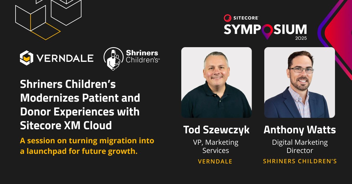 VerndaleTweets's tweet image. Discover how @shrinershosp is stepping into the future with XM Cloud — improving patient journeys, empowering donors, and building a modern foundation for growth. Catch the full story at @Sitecore Symposium 2025 in Orlando! #NextIsNow #SitecoreSYM