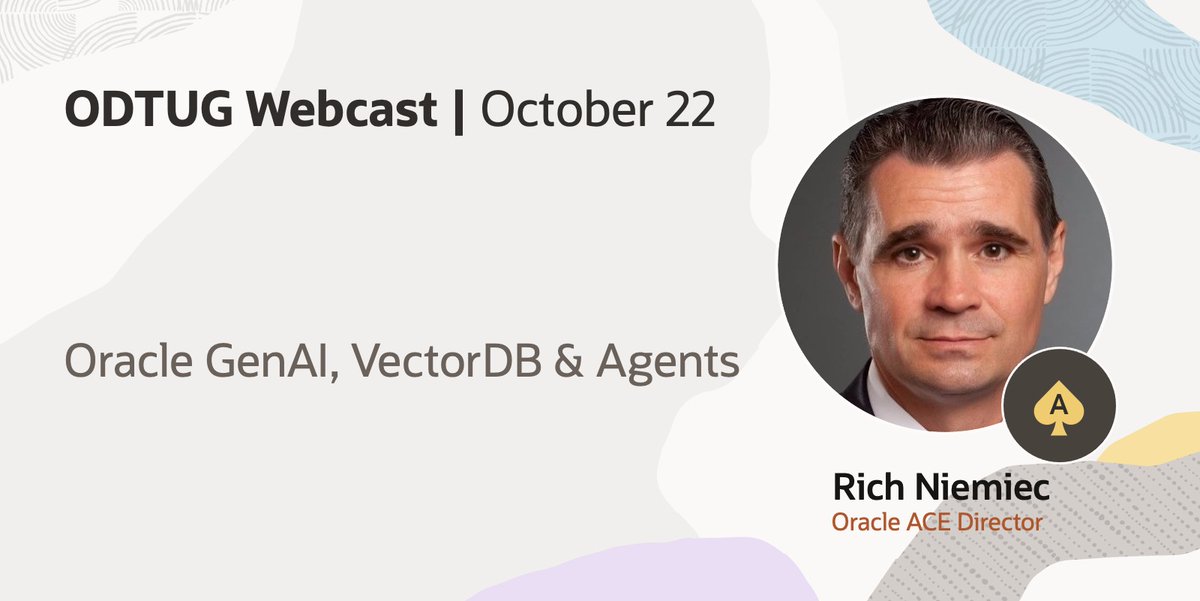 oracleace's tweet image. Great news! 🤖 Oracle ACE Rich Niemiec will be presenting at the ODTUG event &quot;Oracle GenAI, VectorDB &amp;amp; Agents&quot; on October 22. Don’t miss this opportunity to gain valuable insights into the latest in AI and database technology! 

Get event details and register:
🔗…