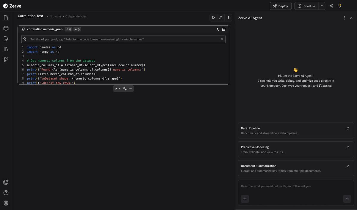 svpino's tweet image. Jupyter notebooks are outdated.

They just can&apos;t compete with modern notebooks that offer much more functionality, including AI.

I&apos;ve been using Zerve, and they fix everything that&apos;s wrong with notebooks.

This is a notebook with a completely different philosophy and…