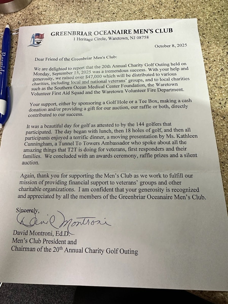 Every year, we help sponsor the Greenbriar Oceanaire Men's Club's annual golf outing, donating to the cause and setting up a table at their event. This year was no different. They raised over $47,000 for good causes! What an honor to be part of this great event