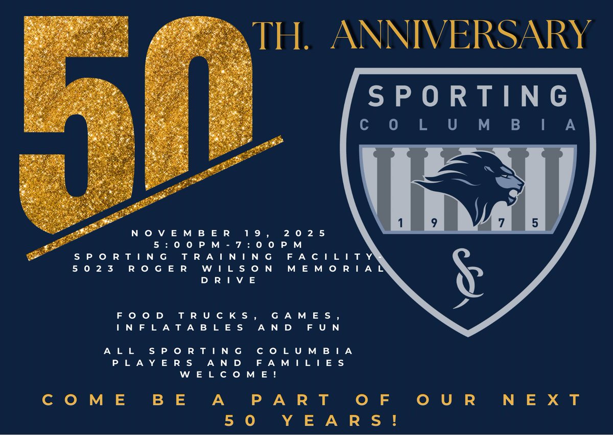 SportingCSC's tweet image. 🎉 Sporting Columbia is turning 50! 💙 Join us Wednesday, November 19 at the Sporting Training Facility as we celebrate five decades of soccer, community, and growth. ⚽