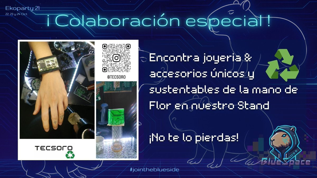 BlueSpaceSec's tweet image. ⚡💍 ¡El estilo también puede ser hacker!
Este año Tecsoro se une de nuevo al #BlueSpace para traerte joyería sustentable hecha con componentes electrónicos ♻️
🔥 ¡No te lo pierdas en la 
#EcoHacking #EKO2025 #Bluespace #cybersecurity