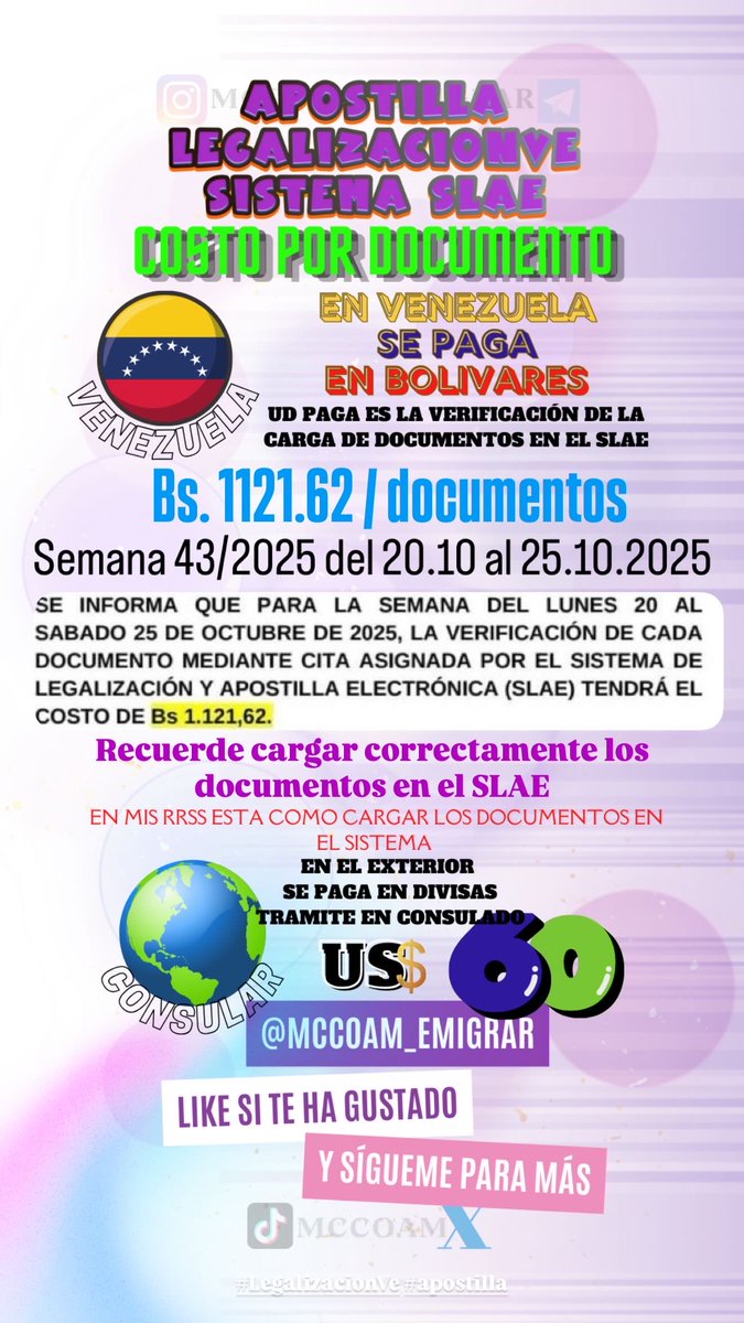 mccoam's tweet photo. @Consulares_VE Semana 43/52 del 20.10 al 25.10.2025. Es el costo de verificación #SLAE #Venezuela en el extranjero se paga por el monto de arancel consular. La mayoría de oficinas tienen punto como alcaldías y #CANTV #Ipostel aún usa transferencia pero hay oficinas con punto. https://t.co/mTM5BhxAlB