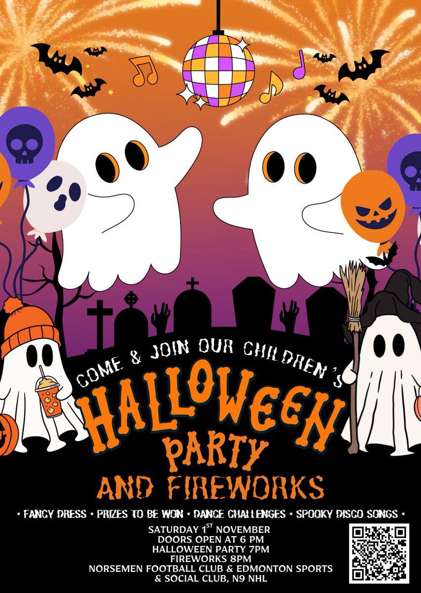 Norsemen Football Club &amp; Edmonton Sports &amp; Social presents

🎃🧟‍♀️Children Halloween Party &amp; Fireworks Night Special👻💀

🎆Fireworks Display 8pm

📆 Saturday November 1st 2025

🎫 TICKET LINK ⬇️
ticketsource.co.uk/norsemenfc/t-v…

Adults £10
Kids £5
Family ticket £25 (2 adults &amp; 2 children)