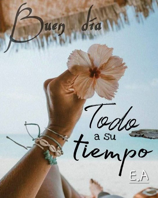 A womans hand with bracelets holds a pink hibiscus flower in front of a sunny beach scene with ocean water and sand visible. Overlaid text reads Buen día at the top, Todo a su tiempo in the middle, and E.A. at the bottom right. The background includes a partial umbrella and clear blue sky.