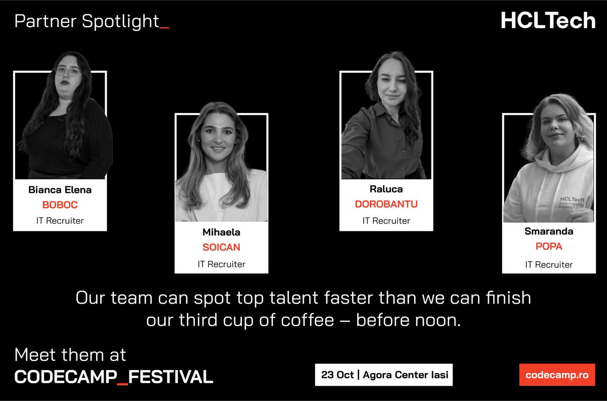 Codecampro's tweet image. Time for another Partner Spotlight! Get ready to meet the brilliant team from HCLTech at Codecamp_Festival Iasi:
codecamp.ro/codecamp-festi….
📅 23 October
📍 Agora Center Iași