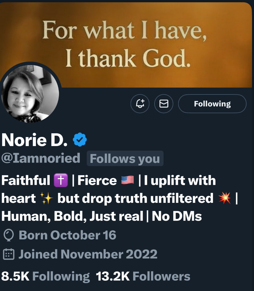 conservfam7's tweet image. ❗️Attention ❗️

Here is a long time friend and patriot who engages and shares encouragement every day can we help her with more friends!

She connects back. 

@Iamnoried 

❗️please repost ❗️