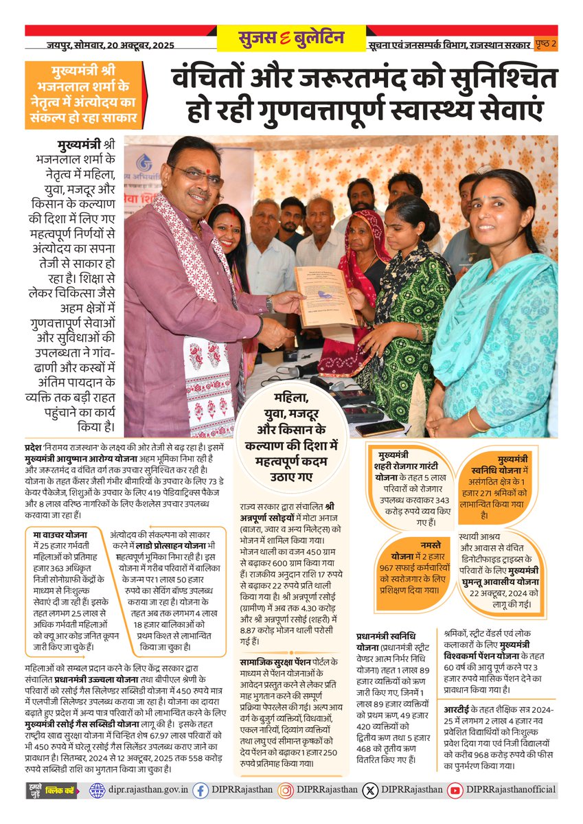 सुजस ई बुलेटिन 
20 अक्टूबर, 2025 

92 हज़ार युवाओं को सरकारी पदों पर नियुक्ति: 1.54 लाख पदों पर भर्ती विभिन्न चरणों में प्रक्रिया दिन 

मुख्यमंत्री श्री भजनलाल शर्मा के नेतृत्व में अंत्योदय का संकल्प हो रहा सरकार 

वंचितों और जरूरतमंद को सुनिश्चित हो रही गुणवत्तापूर्ण स्वास्थ्य