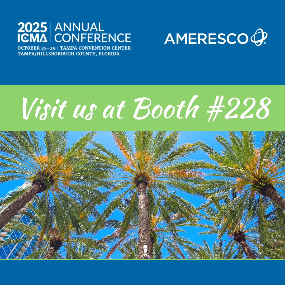 Ameresco's tweet image. We’re heading to Tampa for the @ICMA Annual Conference next week! 
Stop by Booth 228 to see learn about how our #energysolutions boost community #resilience, reduce costs and emissions, and deliver long-term benefits for residents. See: hubs.ly/Q03PkKP50