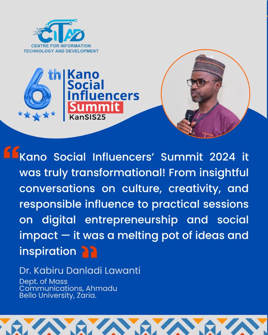 We are 48hrs to this year's Kano Social Influencers Summit #KanSIS25. Dr. Kabiru Danladi Lawanti <a href="/kblawanty/">Kabiru Lawanti</a> was a speaker at last year's Summit, and for him, #KanSIS24 was 'a melting pot of ideas and inspiration'. This year's is equally going to be nothing less <a href="/YZYau/">Yunusa Ya'u</a> <a href="/CitadRadio/">CITAD Online Radio</a>