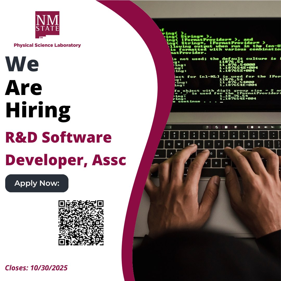 PSLNMState's tweet image. Now hiring: R&amp;amp;D Software Developer (Assoc) in Las Cruces @PSL NMSU! Dive into full-lifecycle dev: design → code → test &amp;amp; integrate new tech.  Join a team making real impact. Apply here ➡️ careers.nmsu.edu/jobs/502861 #TechJobs #LasCruces #SoftwareDeveloper