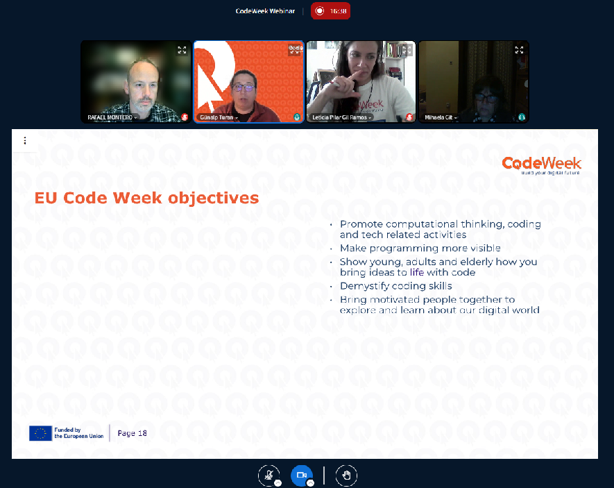 rafaelmb_1's tweet image. Günalp from @CodeWeekEU is sharing what codeweek.eu is all about to the @eTwinningEurope community in the #webinar organized by the Basic Skills Featured Group