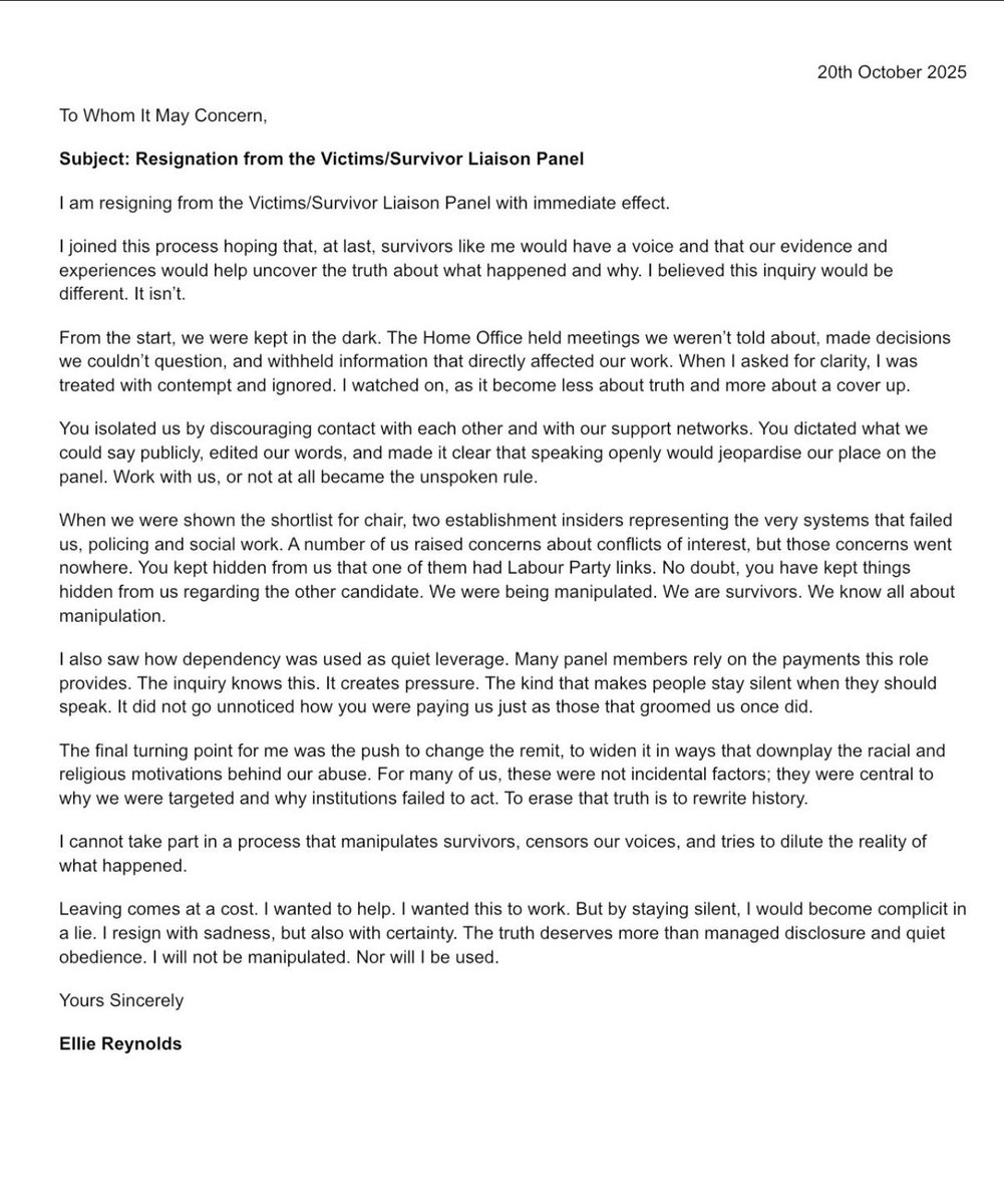 EllieAnnRe71927's tweet image. Following Fiona Goddardโs resignation this morning, I have also made the decision to resign with immediate effect.
The final turning point for me was the push to widen the remit of the National Inquiry in ways that downplay the racial and religious motivations behind our abuse.