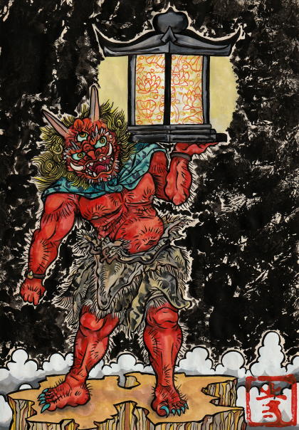 【妖怪図鑑】第1027回
「天燈鬼」
tyz-yokai.blog.jp/archives/10855…
仏様を照らす燈明を担ぐ赤い鬼。龍燈鬼の相方です。　#新版TYZ