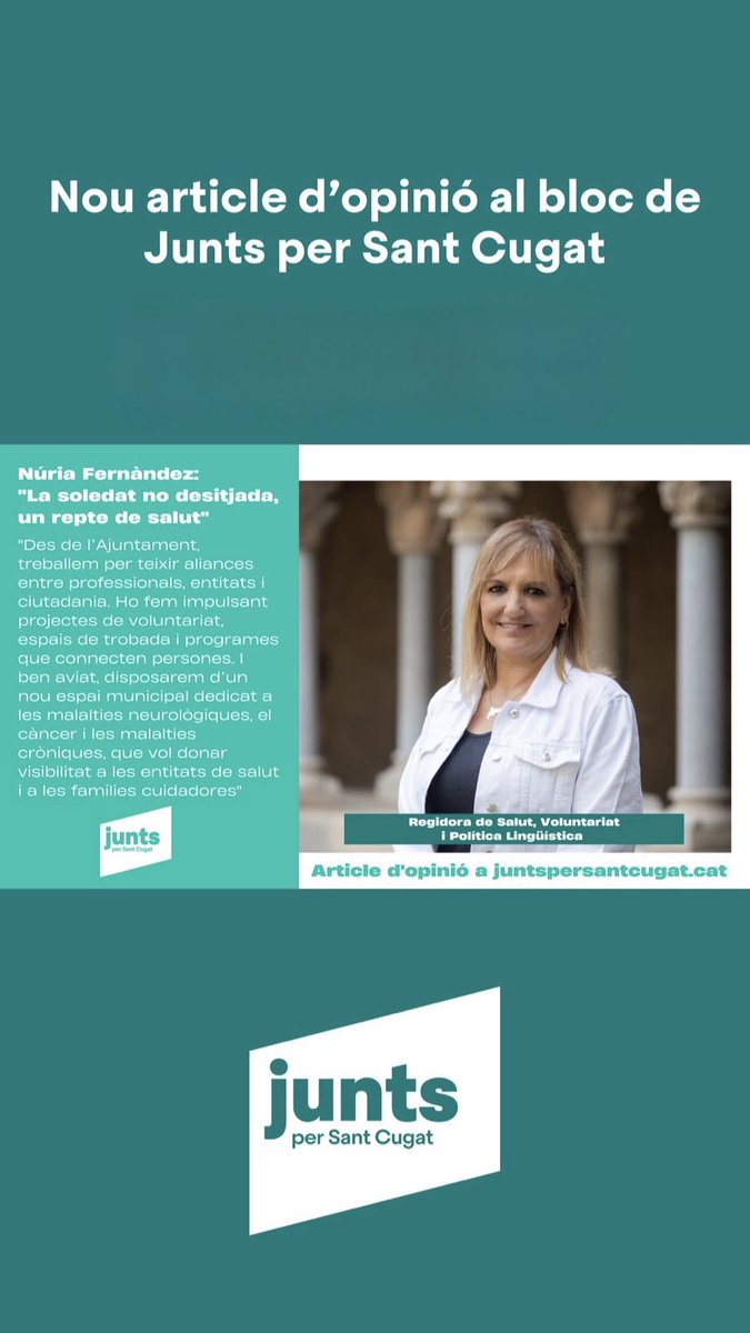 La soledat no desitjada és un repte de salut pública.
Com a farmacèutica veig com darrere d’una recepta sovint hi ha soledat, cansament o manca de suport.
A <a href="/juntsxstc/">Junts per Sant Cugat 🎗</a> treballem per una salut integral, que també cuidi els vincles i la companyia
<a href="/martacanas/">Marta Canas</a> 
<a href="/josepmvalles/">Josep Maria Vallès</a>