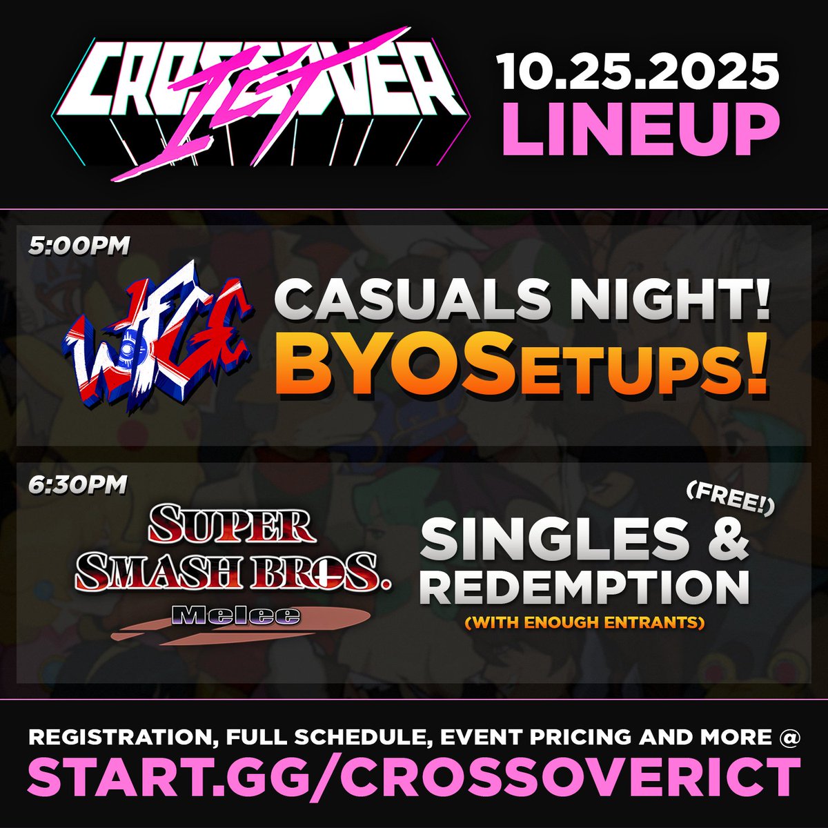 Crossover ICT #122 is this Saturday! 📢

This week’s lineup includes:
🕹️ WFGC Casuals Night! BYOSetups! (Free)
🦊 Super Smash Bros. Melee (Free)

Register using the link in the reply! 👇