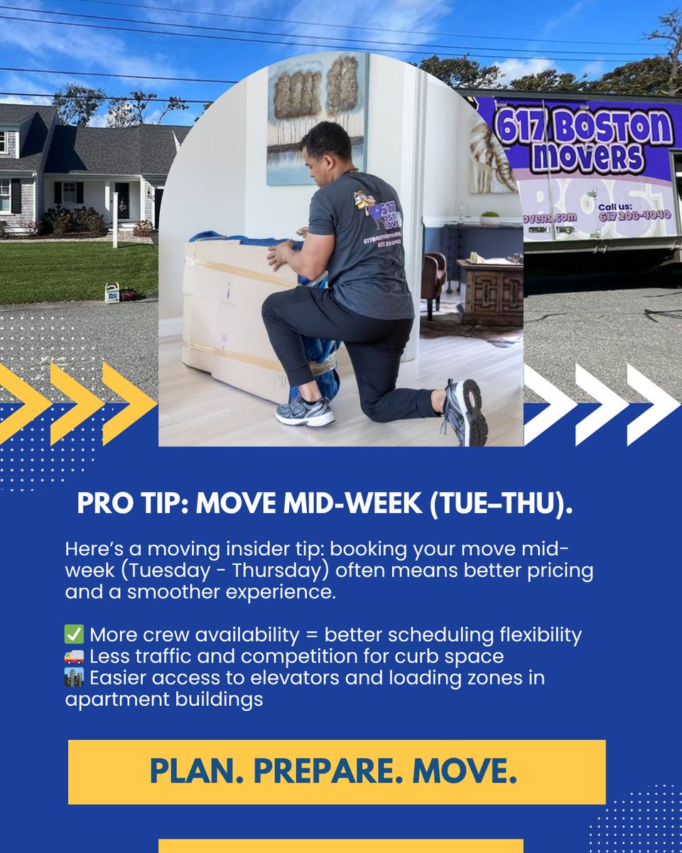 617BostonMovers's tweet image. Pro tip: Move mid-week (Tue–Thu).

✅ Better rates
🚚 Easier parking
🏙 Fewer crowds

Skip the weekend chaos + save money.

📦 Book a smooth move → 617BostonMovers.com

#BostonMoving #SmartMoves #617BostonMovers
