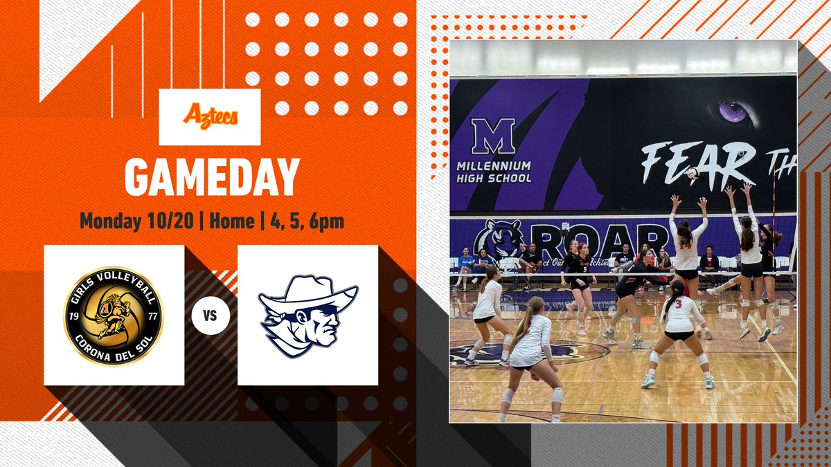 CoronaDelSolVB's tweet image. AZTECS 🆚 Pinnacle 🤠
⏰ Monday 10/20 
🏠 BIG GYM
🏐 Varsity Game @ 6:00 PM
🎟️ gofan.co
📺 nfhsnetwork.com
See you there 
@cdstribe
 
 Pack The Gym!! Bring the Energy! 

Jv-B @ 4pm | Jv-A @ 5pm | Varsity @ 6pm

#letsgoaztecs #bleedorange #aztecvball