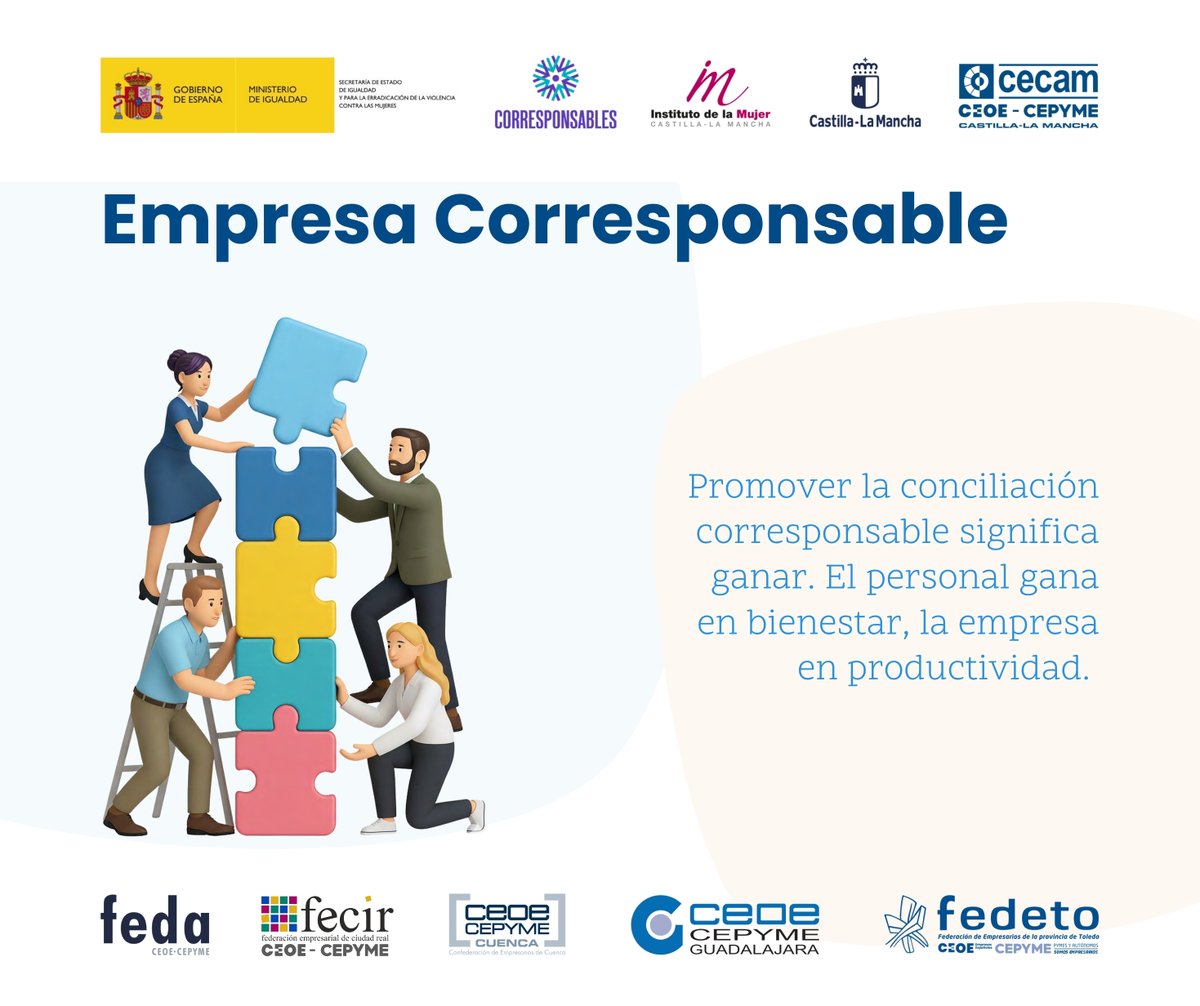 _CECAM's tweet image. ¿Sabes cómo promover la corresponsabilidad desde la empresa para seguir avanzando en igualdad?

Infórmate en 👉 cecam.es/impulsando-la-…

@EmpresariosFEDA
@fecirciudadreal 
@ceoecuenca
@CEOEGuadalajara
@fedetoempresas

👉Iniciativa de #CECAM en colaboración con el @imujerclm del…