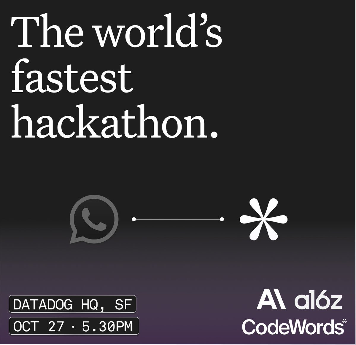 CodeWordsAI's tweet image. 🚀 SF! Love shipping fast?
Join us at @datadoghq for the world's fastest hackathon (probably).
Get a peek into the world of building, testing, and deploying AI automations and agents fast with CodeWords.
Sign up here → luma.com/4olmhvai