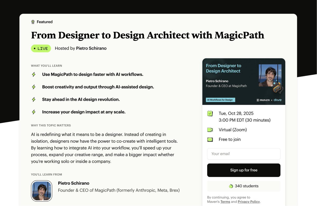 skirano's tweet image. On Tuesday, October 28, I’m hosting a free live class on Maven:

How designers can level up into design architects using AI and MagicPath.

340 people have already signed up 👇