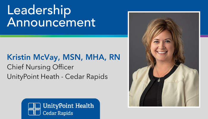 UnityPointCR's tweet image. We're pleased to announce the appointment of Kristin McVay, MSN, MHA, RN, as CNO, effective Nov. 3. McVay succeeds Carmen Kleinsmith, who's retiring after a 42-year nursing career at St. Luke’s. McVay brings more than 20 years of healthcare experience at UnityPoint Health.