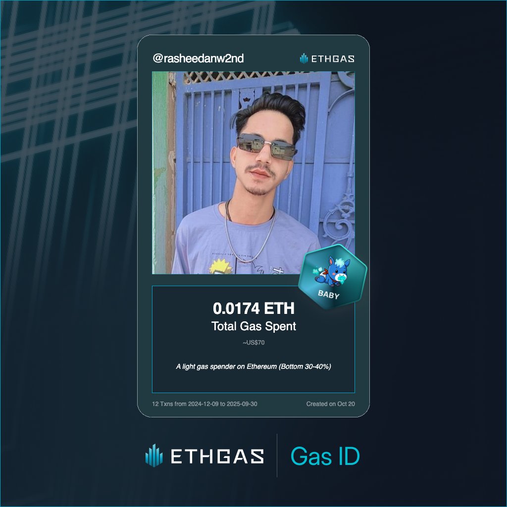 rasheedanw2nd's tweet photo. Discovered my Gas ID via ETHGas - turning my gas spend into rewards 🫘

As a Baby Jack, I've spent 0.0174 ETH on gas but earned 4 Beans back.

Get your Gas ID and Beans here: https://t.co/mKdj8dkrGJ https://t.co/7lZE31hsJH