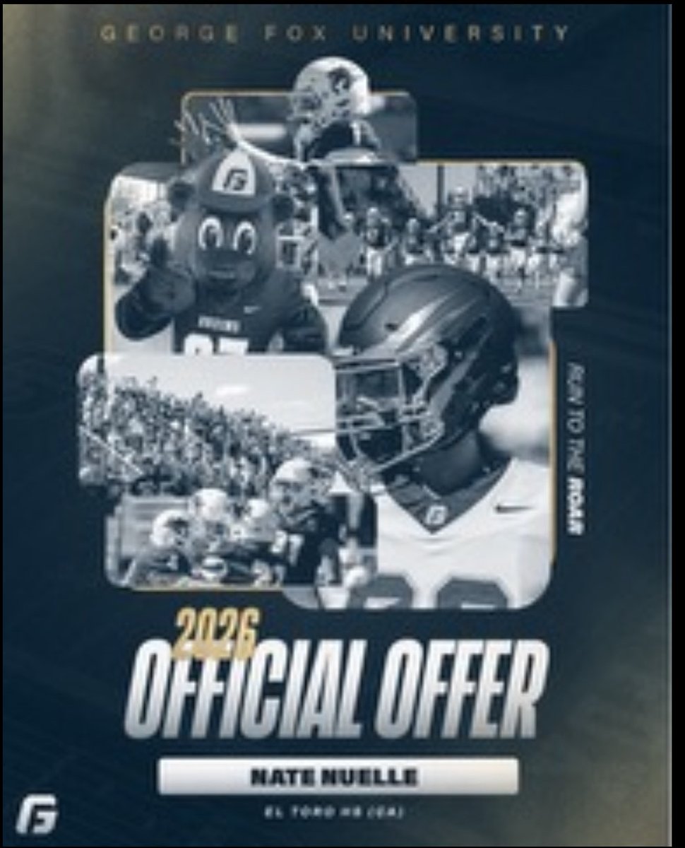 After a great conversation with <a href="/ChadBletko/">Chad Bletko</a> I am blessed to receive an offer to play football at George Fox University. Thank you! <a href="/CoachReynoldsT/">Coach T</a> <a href="/SpencerCrace/">Spencer Crace</a> <a href="/CoachLofthouse/">CoachPeterLofthouse</a> <a href="/ETfootball1/">El Toro Football</a> <a href="/CoachJustinDanh/">Justin Danh</a> <a href="/ocvarsity/">ocvarsity</a> <a href="/ocvarsityguy/">Dan Albano</a> <a href="/coachjohnNCSA/">John Bell</a>