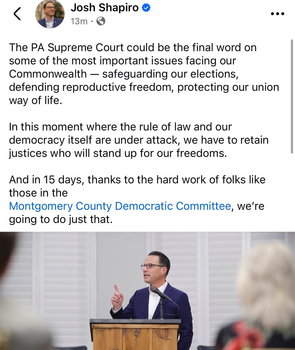 ScottPresler's tweet image. Never in Pennsylvania history has a governor tried to meddle in judicial retention elections.

Shapiro wants to keep these judges, so they can rig the 2028 presidential election for him. 

Go to his Facebook page &amp;amp; reply to the following post that you’re voting ❌NO to retention.