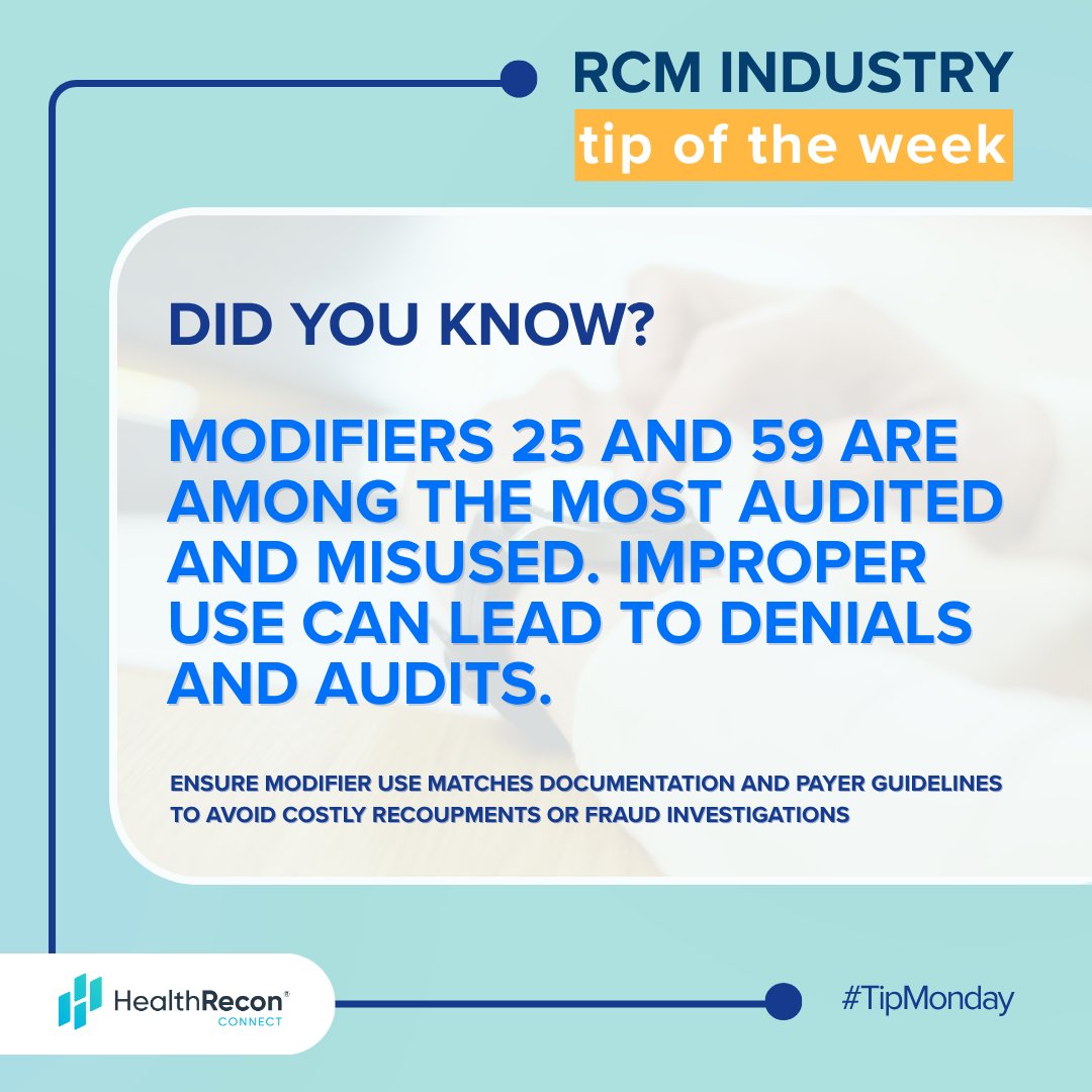 Health_Recon's tweet image. Did you know modifiers 25 and 59 are among the most audited and misused in medical coding?
Reach us for: Fewer denials, stronger compliance, and greater peace of mind.
#RCMTipMonday #MedicalCoding #CodingCompliance #RevenueCycleManagement #HealthReconConnect #HRC #RCM