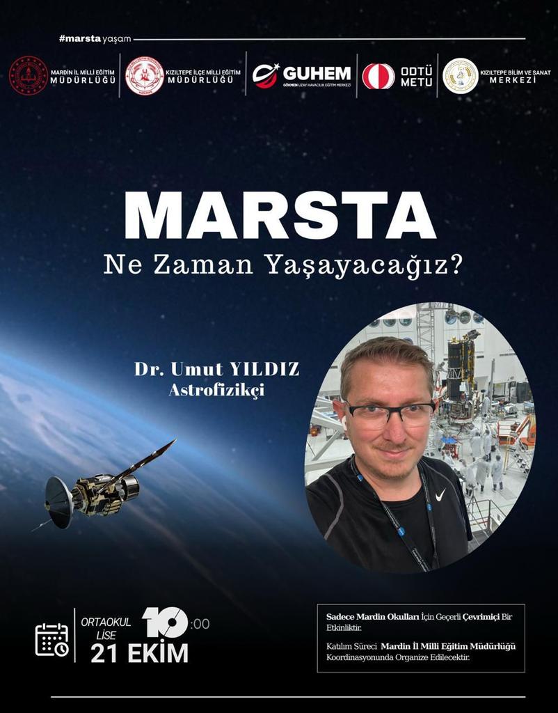 Uzayın derinliklerine yolculuğa hazır mısınız?
Astrofizikçi Dr. Umut Yıldız ile “Marsta Ne Zaman Yaşayacağız?” söyleşisi 21 Ekim 2025 Salı günü (yarın) saat 10.00’da çevrim içi olarak sizlerle! 🚀🔭🧑‍🚀🧑‍🚀🚀