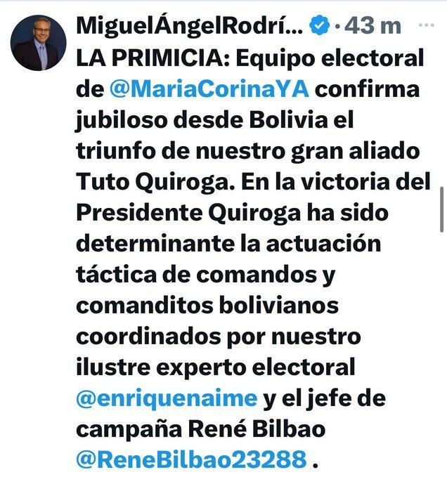 Los "comanditos" de María Corina Machado salieron derrotados primero en Venezuela y ahora en Bolivia.
Si usted quiere perder las elecciones, contrate los servicios de los comanditos fracasados de María Corina, derrota segura.