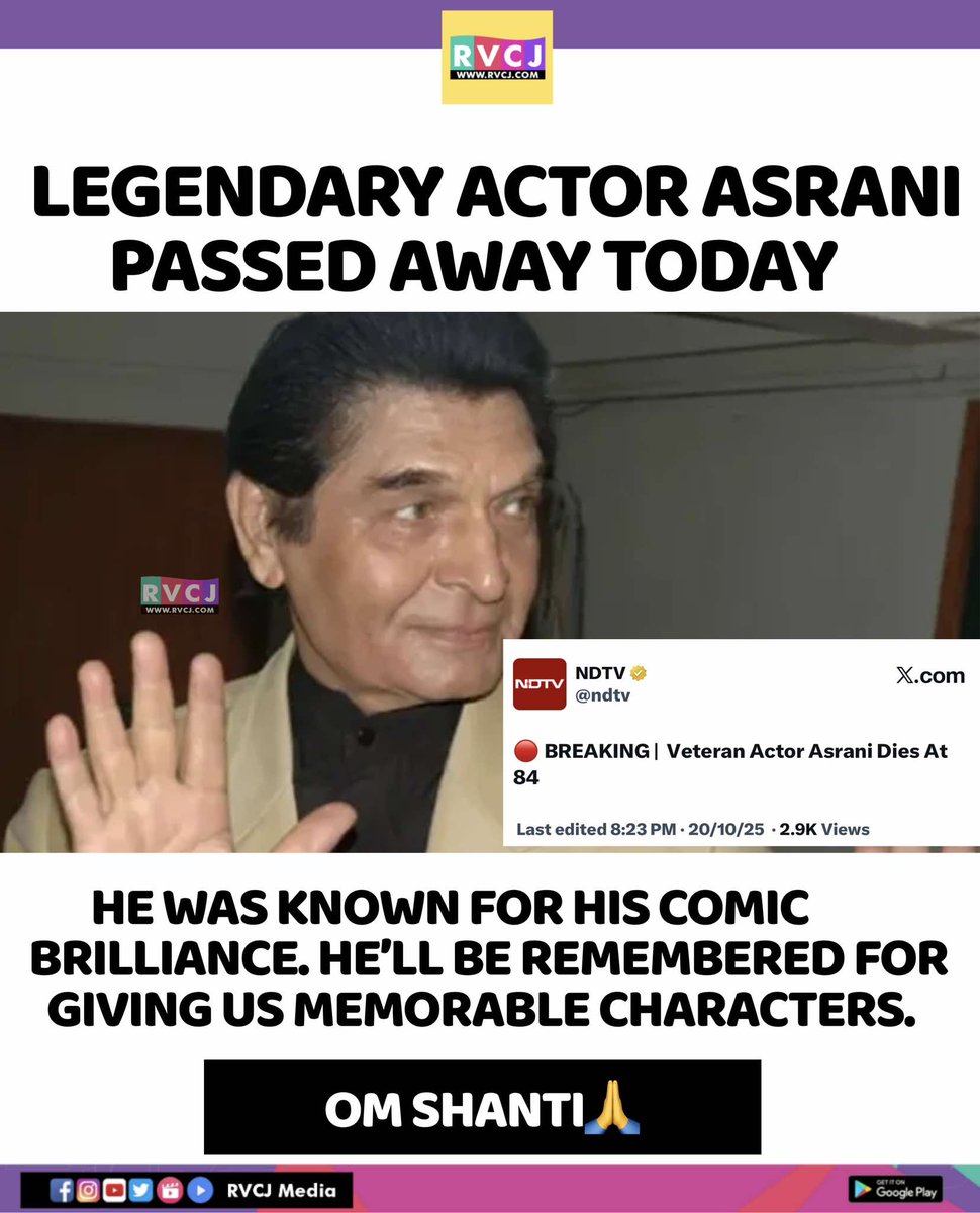 rvcjmovies's tweet image. Om shanti 🙏🏻
#asrani #bollywood #bollywoodactor #indiancinema