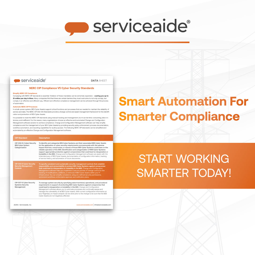 Non-compliance can cost you millions.

Stay ahead of NERC CIP requirements with automation that simplifies compliance and audit readiness.

📘 Learn how Serviceaide’s solutions make compliance simpler, faster, and audit-ready.

➡️ Read the data sheet: serviceaide.com/data-sheet/ner…