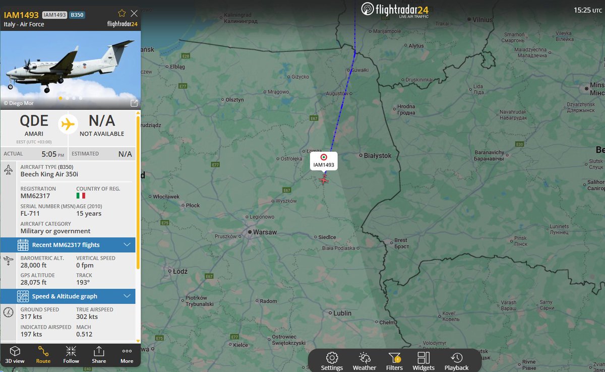 PolishMilRadar's tweet photo. 📅20.10🕒17:31LT
🇮🇹 Siły Powietrzne Włoch
✈️Beechcraft KingAir 350i #MM62317
#IAM1493 na wysokości przelotowej FL280
🛫Baza Amarii #EIII 🇪🇪
🛬Baza Pomezia #LIRE 🇮🇹
🔗https://t.co/FZnf0eCC6J
#POLMILRADAR https://t.co/lffpy218VC