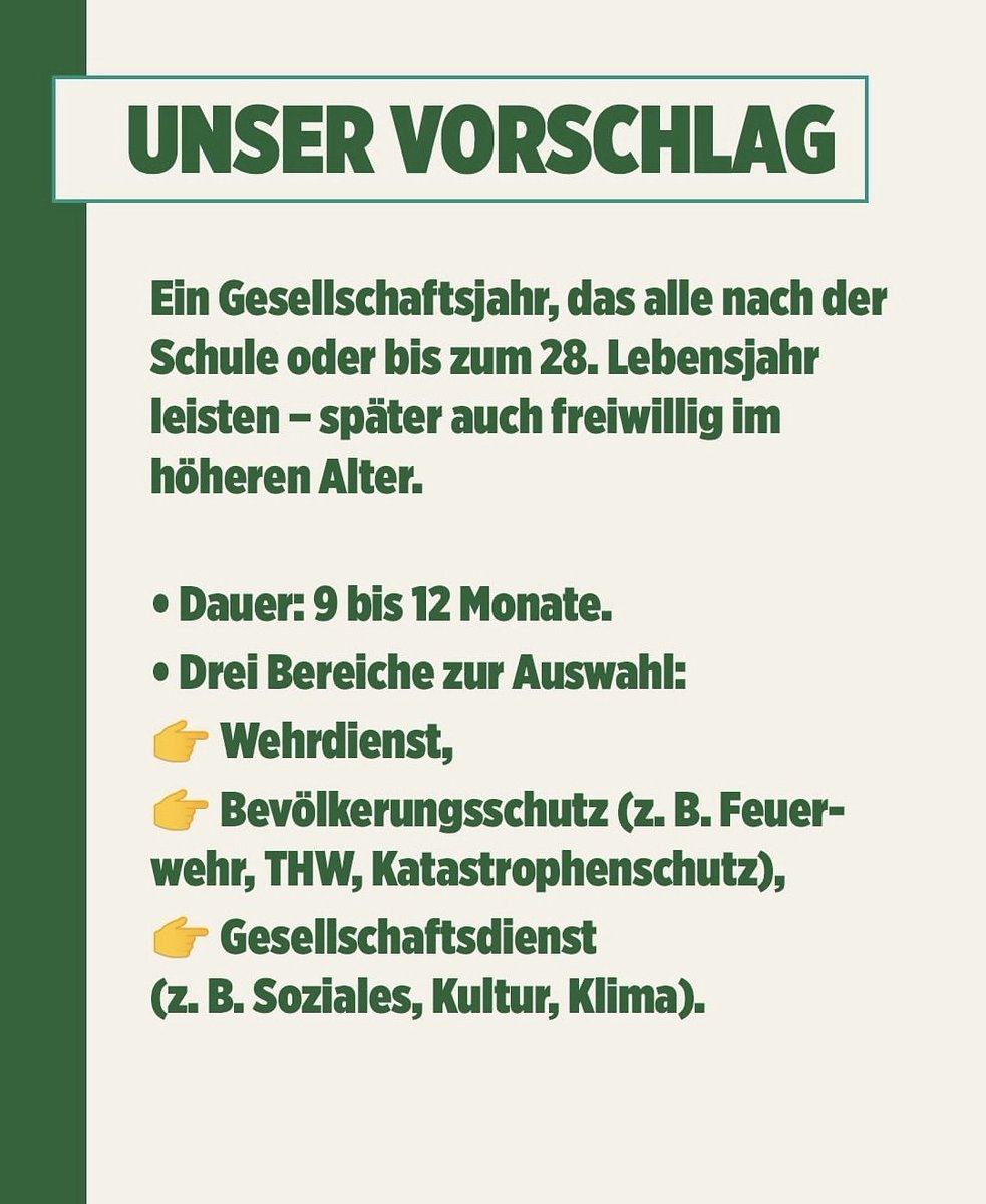 Guter Vorschlag von <a href="/talwazir/">Tarek Al-Wazir</a> &amp; <a href="/WagenerNiklas/">Niklas Wagener</a> für ein #Gesellschaftsjahr, bei dem man zwischen Dienst in der Bundeswehr, beim Bevölkerungs- &amp; Katastrophenschutz &amp; sozialen Einrichtungen wählen kann.