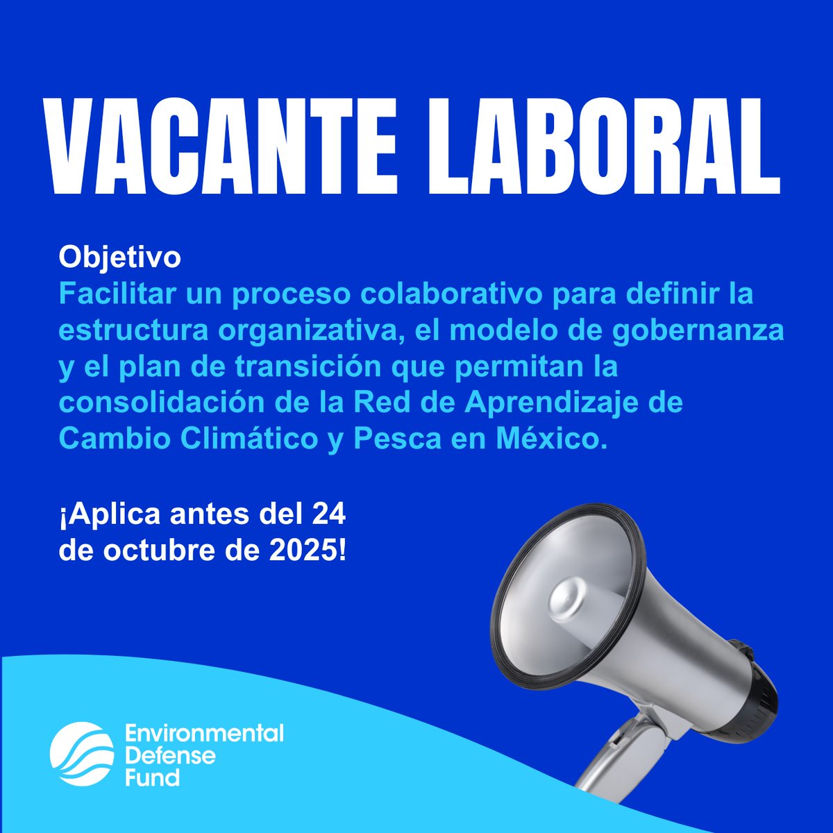 💼 ¡Trabaja en EDF!
🤝 Buscamos un(a) persona o consultoría que facilite procesos colaborativos para consolidar la Red de Aprendizaje de Cambio Climáticoy Pesca en México 🌊🌎.
📄 Consulta las bases: bit.ly/4nOG1D7 
📅 ¡Aplica antes del 24 de octubre de 2025!
