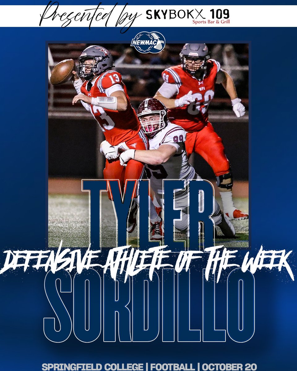 FOOTBALL 🏈
DEFENSIVE ATHLETE OF THE WEEK 

<a href="/SC_Pride/">SpringfieldAthletics</a> Tyler Sordillo was a disruptive force, recording 4 tackles, 3 sacks, a forced fumble, and a QB hurry to help Springfield remain unbeaten in the NEWMAC.

🔗 ow.ly/66zW50XeY2r

Presented by SKYBOKX109 

#GoNEWMAC // #WhyD3