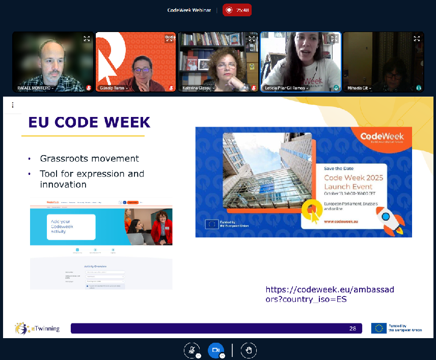 rafaelmb_1's tweet image. Time for @MsLeticiaGil to share the role of the network of @CodeWeekEU Ambassadors to support teachers and schools in the @eTwinningEurope #webinar on #codeweek2025
